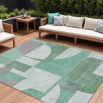 10' X 14' Green Sage And Gray Geometric Washable Indoor Outdoor Area Rug