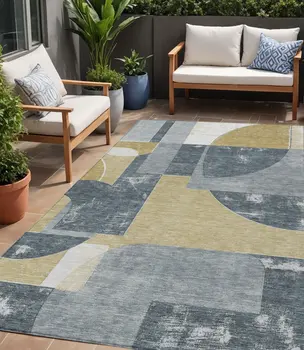 5' X 8' Gray And Gold Geometric Washable Indoor Outdoor Area Rug