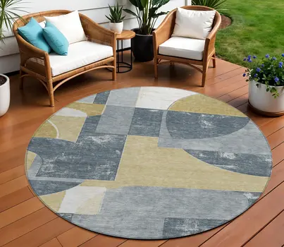8' Gray And Gold Round Geometric Washable Indoor Outdoor Area Rug