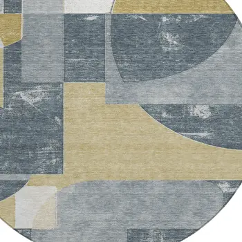 8' Gray And Gold Round Geometric Washable Indoor Outdoor Area Rug