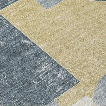 8' Gray And Gold Round Geometric Washable Indoor Outdoor Area Rug