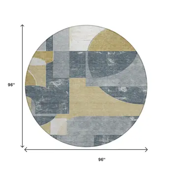 8' Gray And Gold Round Geometric Washable Indoor Outdoor Area Rug