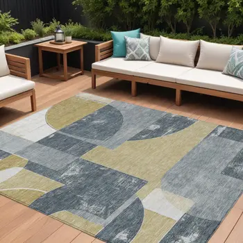 9' X 12' Gray And Gold Geometric Washable Indoor Outdoor Area Rug