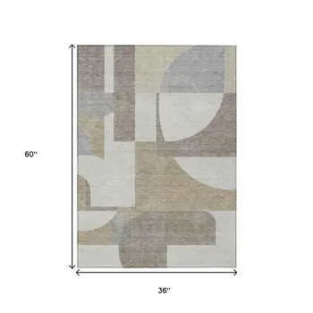 3' X 5' Khaki And Silver Geometric Washable Indoor Outdoor Area Rug