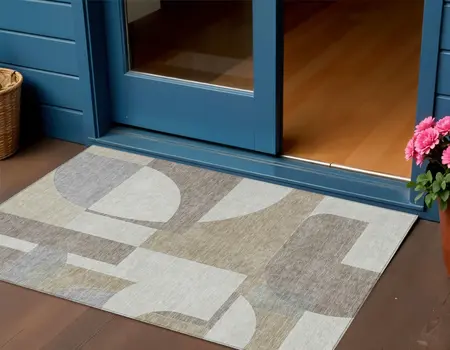 3' X 5' Khaki And Silver Geometric Washable Indoor Outdoor Area Rug