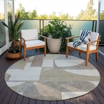 8' Khaki And Silver Round Geometric Washable Indoor Outdoor Area Rug