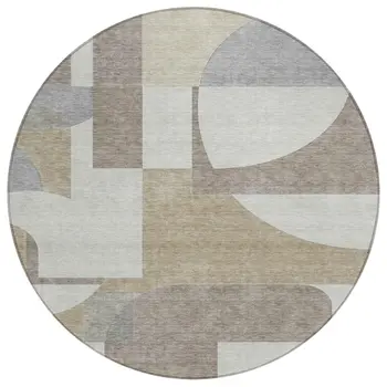 8' Khaki And Silver Round Geometric Washable Indoor Outdoor Area Rug