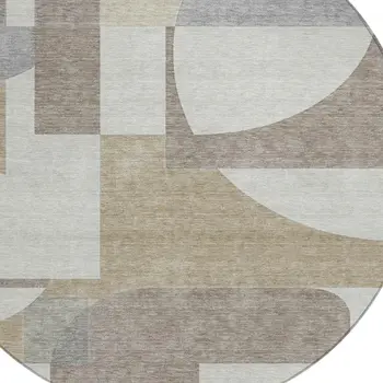 8' Khaki And Silver Round Geometric Washable Indoor Outdoor Area Rug