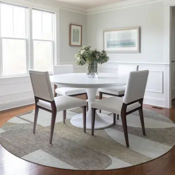8' Khaki And Silver Round Geometric Washable Indoor Outdoor Area Rug