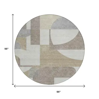 8' Khaki And Silver Round Geometric Washable Indoor Outdoor Area Rug