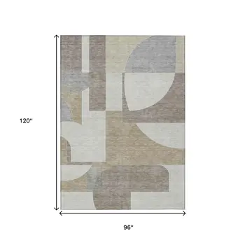 8' X 10' Khaki And Silver Geometric Washable Indoor Outdoor Area Rug