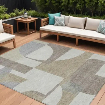 8' X 10' Khaki And Silver Geometric Washable Indoor Outdoor Area Rug