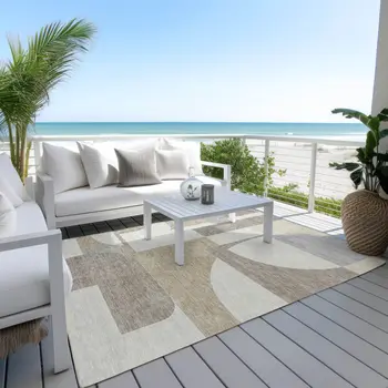 8' X 10' Khaki And Silver Geometric Washable Indoor Outdoor Area Rug