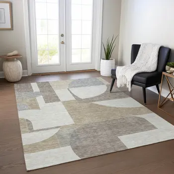 8' X 10' Khaki And Silver Geometric Washable Indoor Outdoor Area Rug