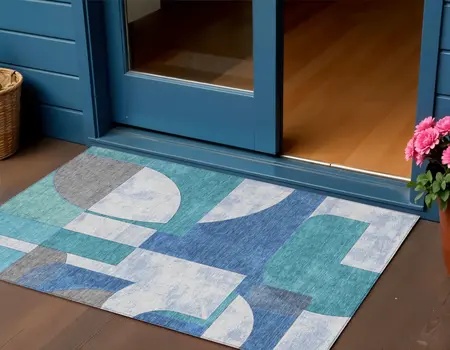 3' X 5' Teal Blue And Ivory Geometric Washable Indoor Outdoor Area Rug