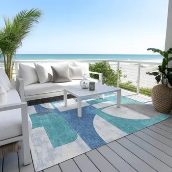 3' X 5' Teal Blue And Ivory Geometric Washable Indoor Outdoor Area Rug