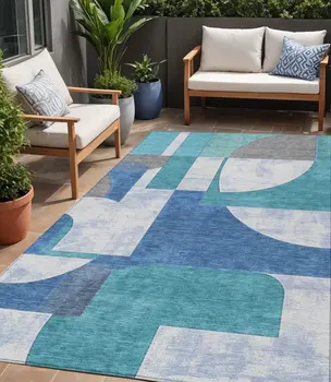 5' X 8' Teal Blue And Ivory Geometric Washable Indoor Outdoor Area Rug