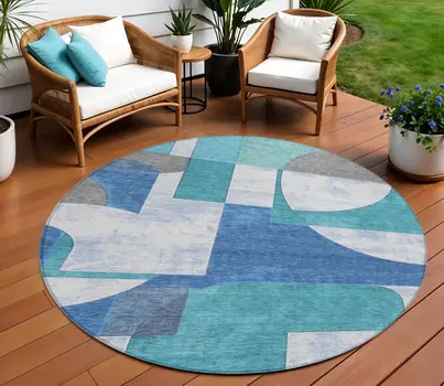 8' Teal Blue And Ivory Round Geometric Washable Indoor Outdoor Area Rug