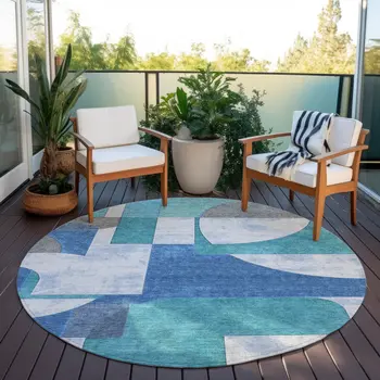 8' Teal Blue And Ivory Round Geometric Washable Indoor Outdoor Area Rug