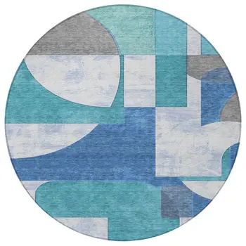 8' Teal Blue And Ivory Round Geometric Washable Indoor Outdoor Area Rug