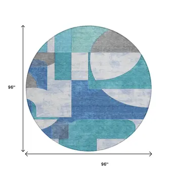 8' Teal Blue And Ivory Round Geometric Washable Indoor Outdoor Area Rug