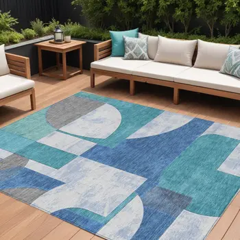 8' X 10' Teal Blue And Ivory Geometric Washable Indoor Outdoor Area Rug