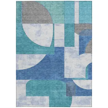 8' X 10' Teal Blue And Ivory Geometric Washable Indoor Outdoor Area Rug