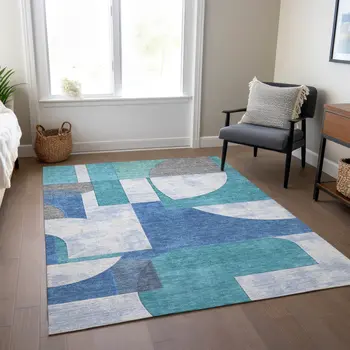 8' X 10' Teal Blue And Ivory Geometric Washable Indoor Outdoor Area Rug
