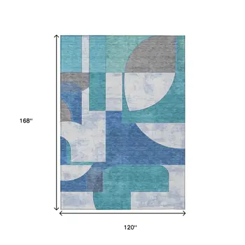 10' X 14' Teal Blue And Ivory Geometric Washable Indoor Outdoor Area Rug
