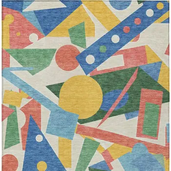 3' X 5' Blue Yellow Coral And Green Geometric Washable Indoor Outdoor Area Rug