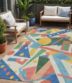 5' X 8' Blue Yellow Coral And Green Geometric Washable Indoor Outdoor Area Rug