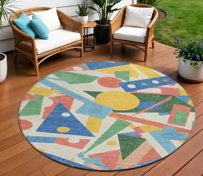 8' Blue Yellow Coral And Green Round Geometric Washable Indoor Outdoor Area Rug