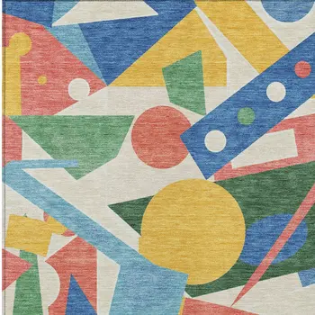 10' X 14' Blue Yellow Coral And Green Geometric Washable Indoor Outdoor Area Rug