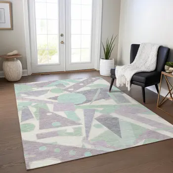 3' X 5' Lilac Lavender Mint Green And Ivory Geometric Washable Indoor Outdoor Area Rug