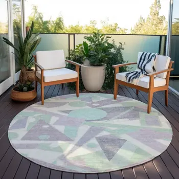 8' Lilac Lavender Mint Green And Ivory Round Geometric Washable Indoor Outdoor Area Rug