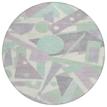 8' Lilac Lavender Mint Green And Ivory Round Geometric Washable Indoor Outdoor Area Rug