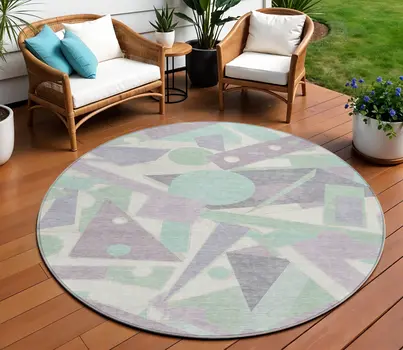 8' Lilac Lavender Mint Green And Ivory Round Geometric Washable Indoor Outdoor Area Rug