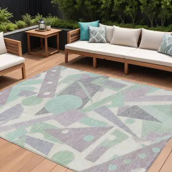 10' X 14' Lilac Lavender Mint Green And Ivory Geometric Washable Indoor Outdoor Area Rug