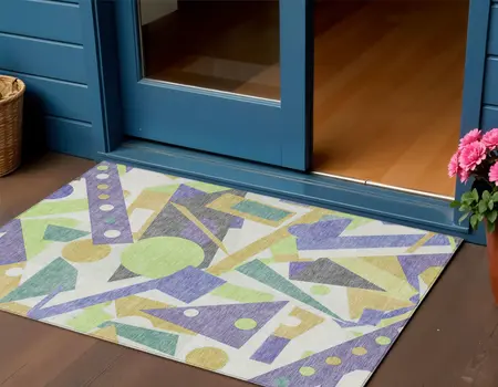 3' X 5' Lavender Gold Lime Green And Ivory Geometric Washable Indoor Outdoor Area Rug