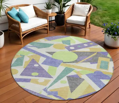 8' Lavender Gold Lime Green And Ivory Round Geometric Washable Indoor Outdoor Area Rug