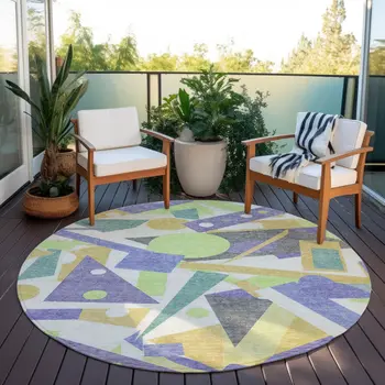 8' Lavender Gold Lime Green And Ivory Round Geometric Washable Indoor Outdoor Area Rug