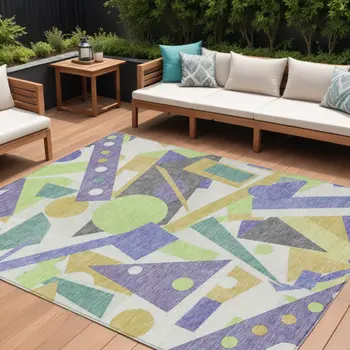 10' X 14' Lavender Gold Lime Green And Ivory Geometric Washable Indoor Outdoor Area Rug