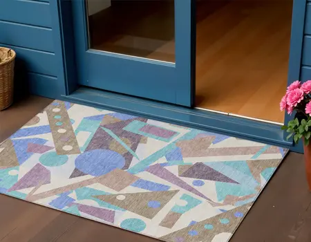 3' X 5' Brown Plum Teal Blue And Ivory Geometric Washable Indoor Outdoor Area Rug