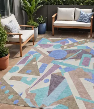 5' X 8' Brown Plum Teal Blue And Ivory Geometric Washable Indoor Outdoor Area Rug