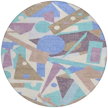 8' Brown Plum Teal Blue And Ivory Round Geometric Washable Indoor Outdoor Area Rug