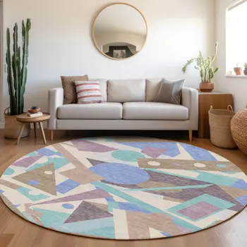 8' Brown Plum Teal Blue And Ivory Round Geometric Washable Indoor Outdoor Area Rug