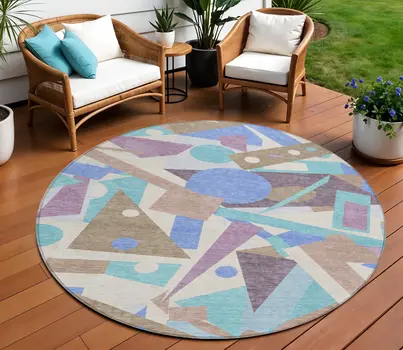8' Brown Plum Teal Blue And Ivory Round Geometric Washable Indoor Outdoor Area Rug