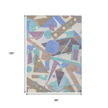 8' X 10' Brown Plum Teal Blue And Ivory Geometric Washable Indoor Outdoor Area Rug