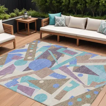 8' X 10' Brown Plum Teal Blue And Ivory Geometric Washable Indoor Outdoor Area Rug