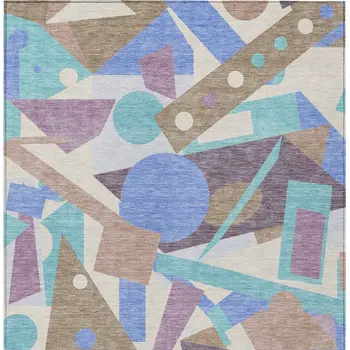 8' X 10' Brown Plum Teal Blue And Ivory Geometric Washable Indoor Outdoor Area Rug